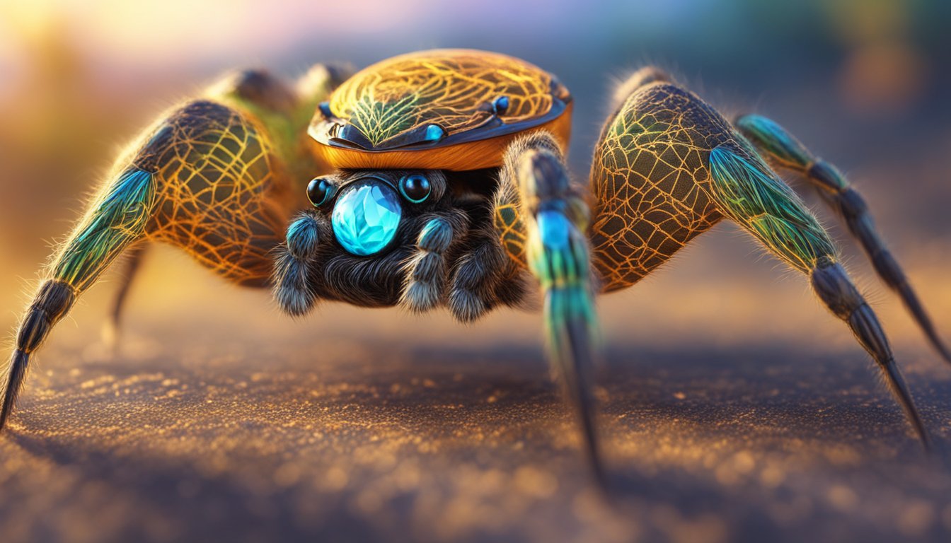 A spider-like creature carefully weaves intricate patterns on a vibrant, shimmering field