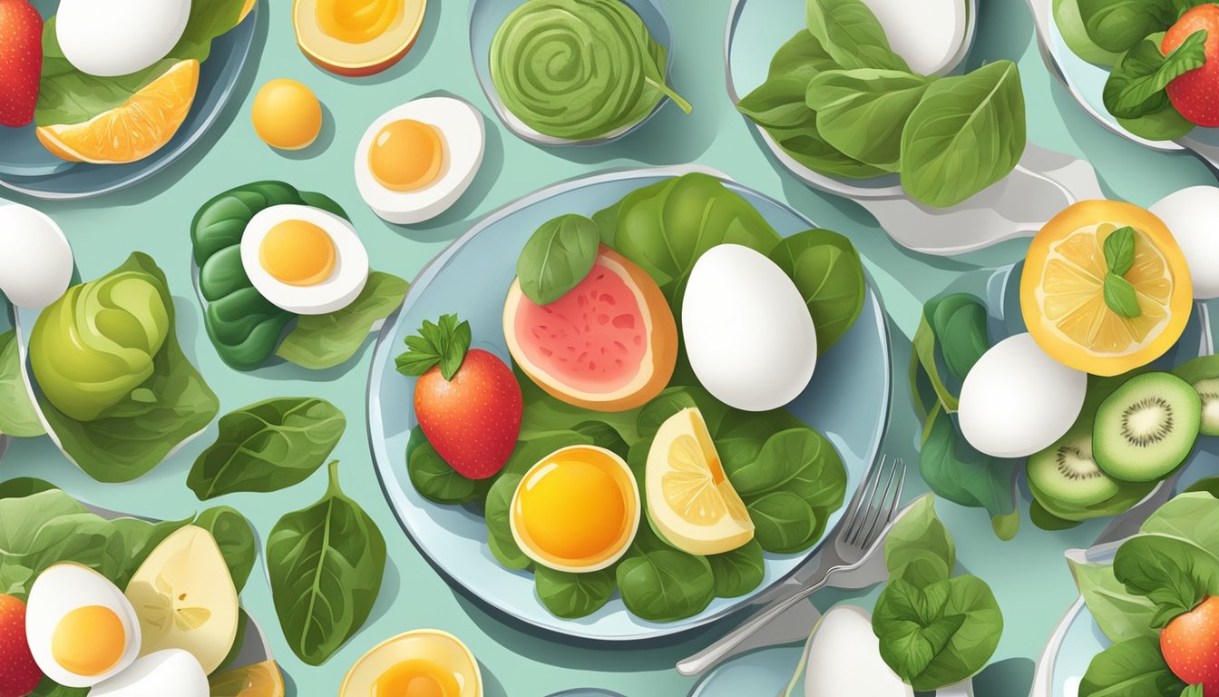 A colorful plate with eggs, spinach, and various fruits arranged in a pleasing composition