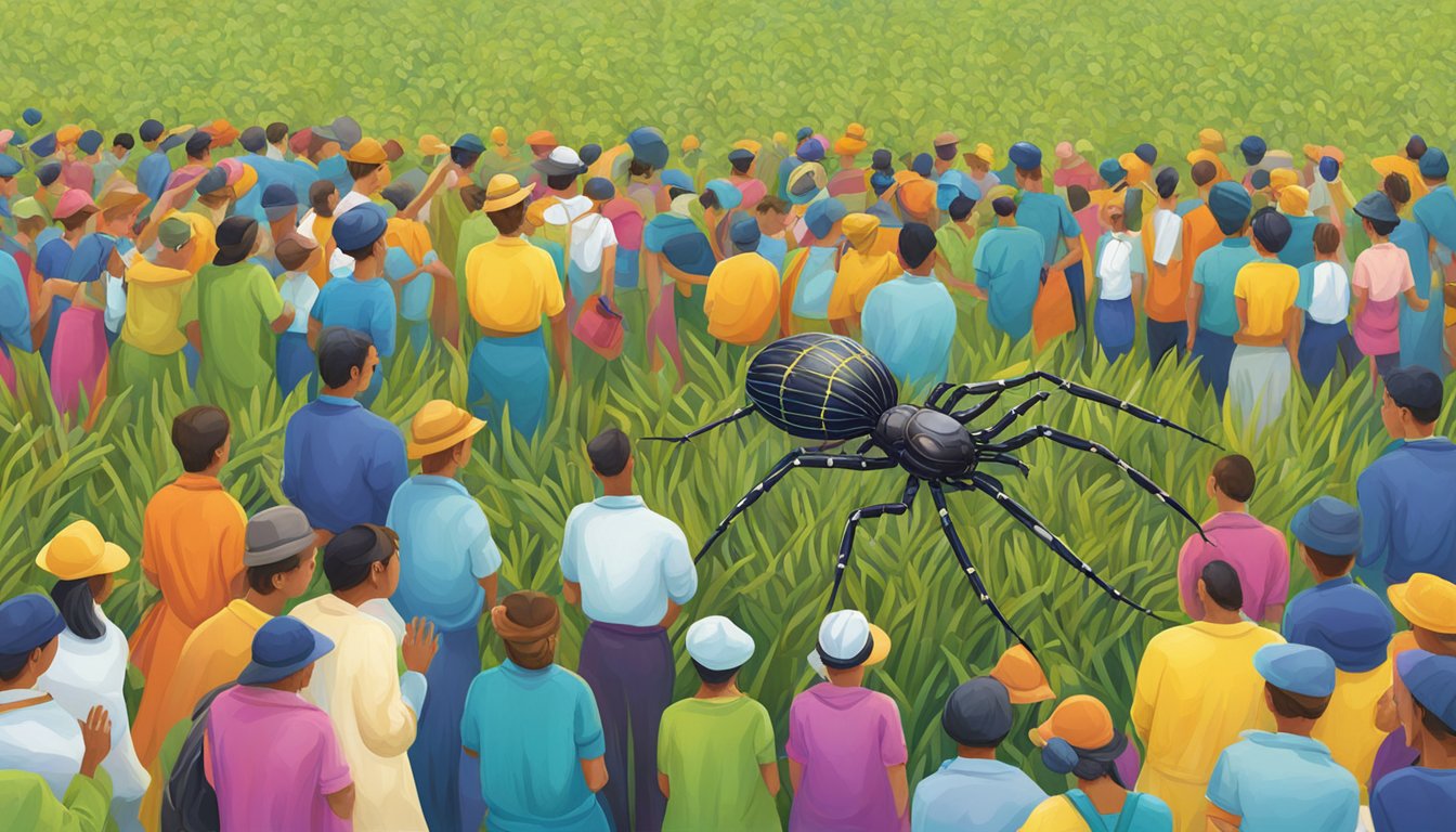 A vibrant field with colorful arachne dressing, surrounded by intrigued onlookers