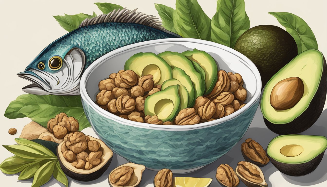 A bowl of walnuts surrounded by fish and avocados