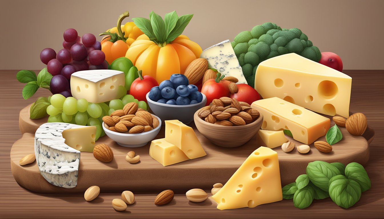 A colorful array of cheese, nuts, and seeds arranged on a wooden board, surrounded by vibrant fruits and vegetables