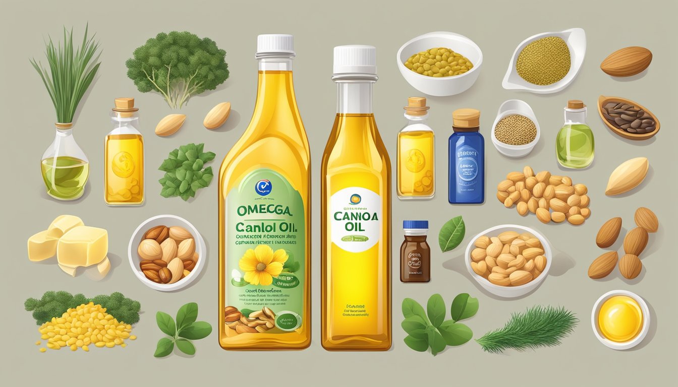 A bottle of canola oil surrounded by a variety of omega 3, 6, and 9 rich foods such as fish, nuts, and seeds