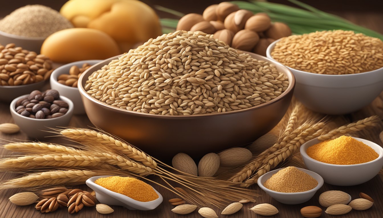 A bowl of wheat bran surrounded by other high-fiber foods like whole grains, nuts, and seeds, with a focus on the texture and color of the bran