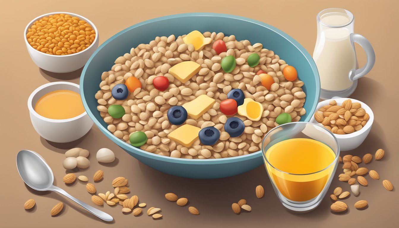 A bowl of fortified breakfast cereal surrounded by various thiamine-rich foods such as whole grains, nuts, and legumes