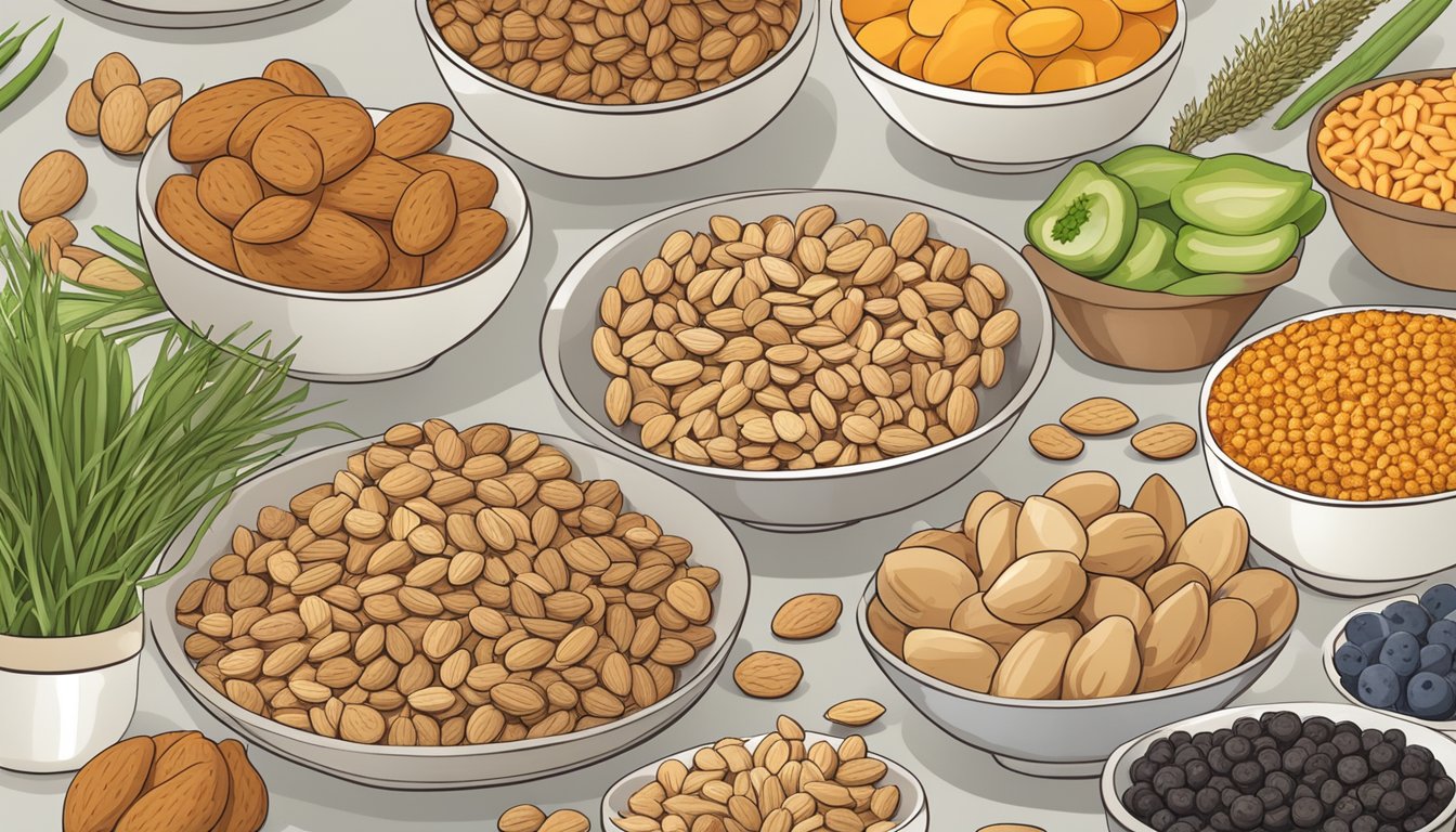 A bowl of almonds surrounded by other high-fiber foods like whole grains, vegetables, and fruits, with a digestive system diagram in the background