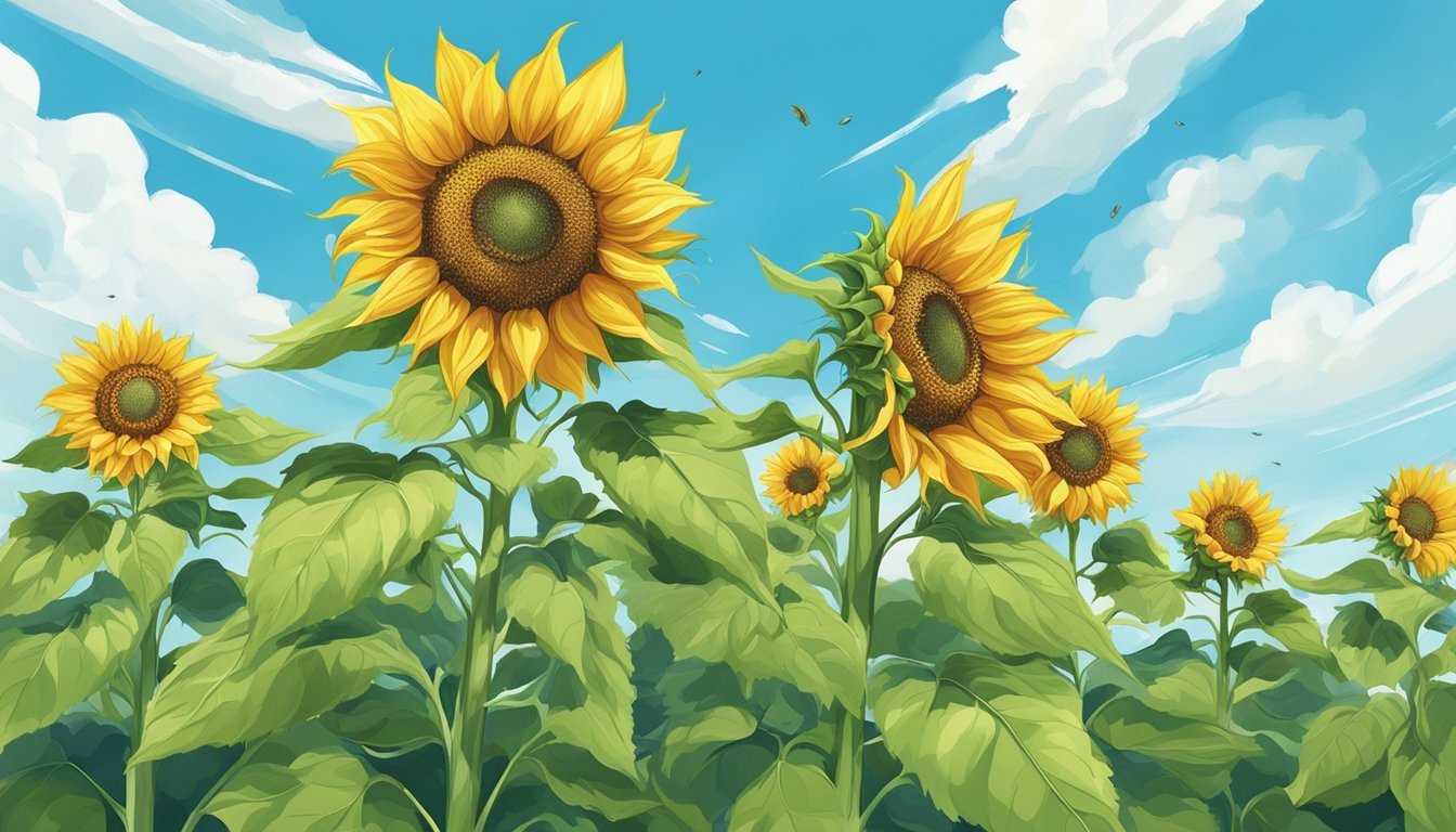 A sunflower with seeds bursting from its center, surrounded by green leaves and a bright blue sky in the background