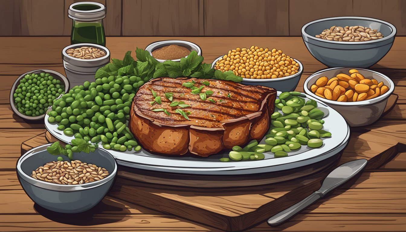 A sizzling pork chop surrounded by thiamine-rich foods like beans, peas, and sunflower seeds on a rustic wooden table