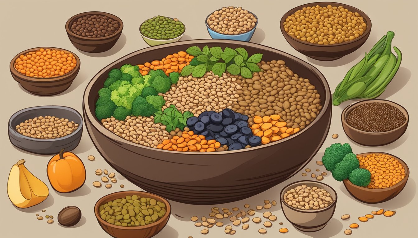 A bowl of lentils surrounded by other high-fiber foods, such as whole grains, fruits, and vegetables, arranged on a wooden table