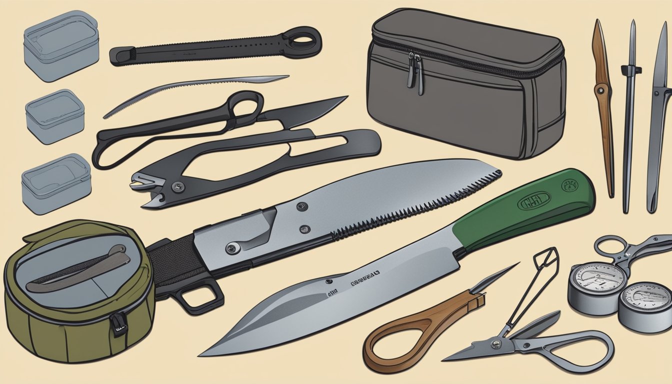 A sturdy, compact kit with a durable case, containing a variety of essential tools for field dressing a deer, including knives, bone saw, and gloves