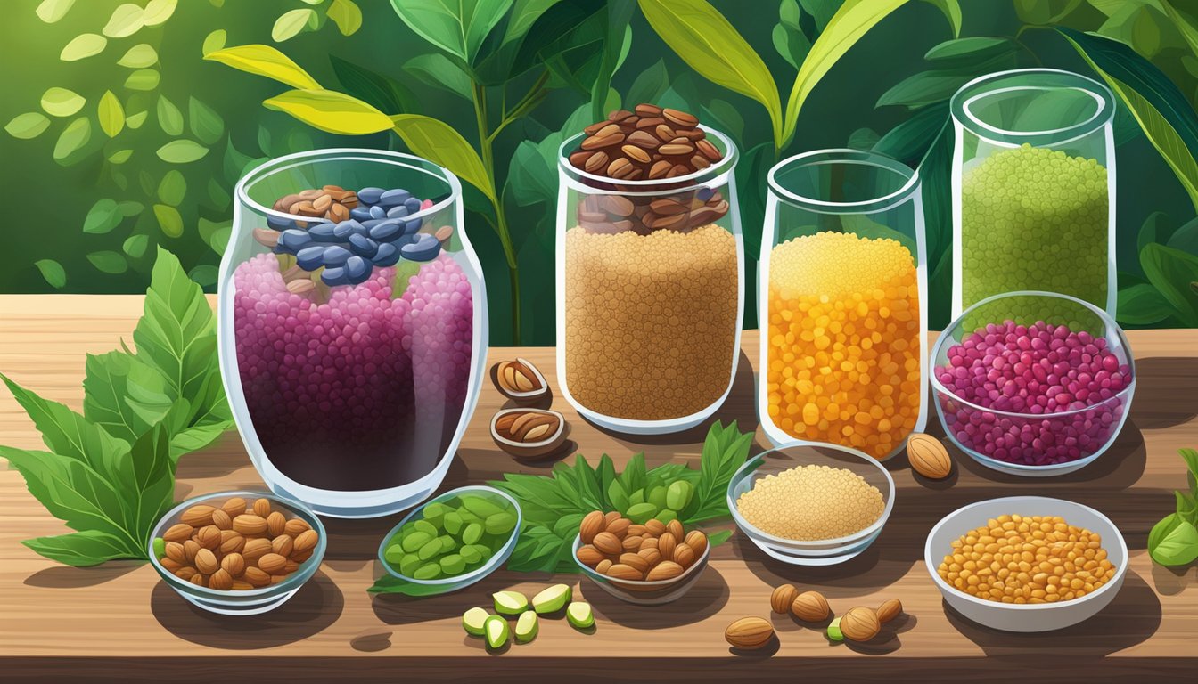 A colorful array of quinoa, beans, nuts, and fruits on a wooden table, surrounded by vibrant green leaves and a clear glass of water