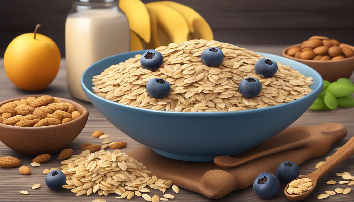 A bowl of oat bran surrounded by various foods rich in insoluble fiber, such as whole grains, nuts, seeds, and fruits, arranged on a wooden table