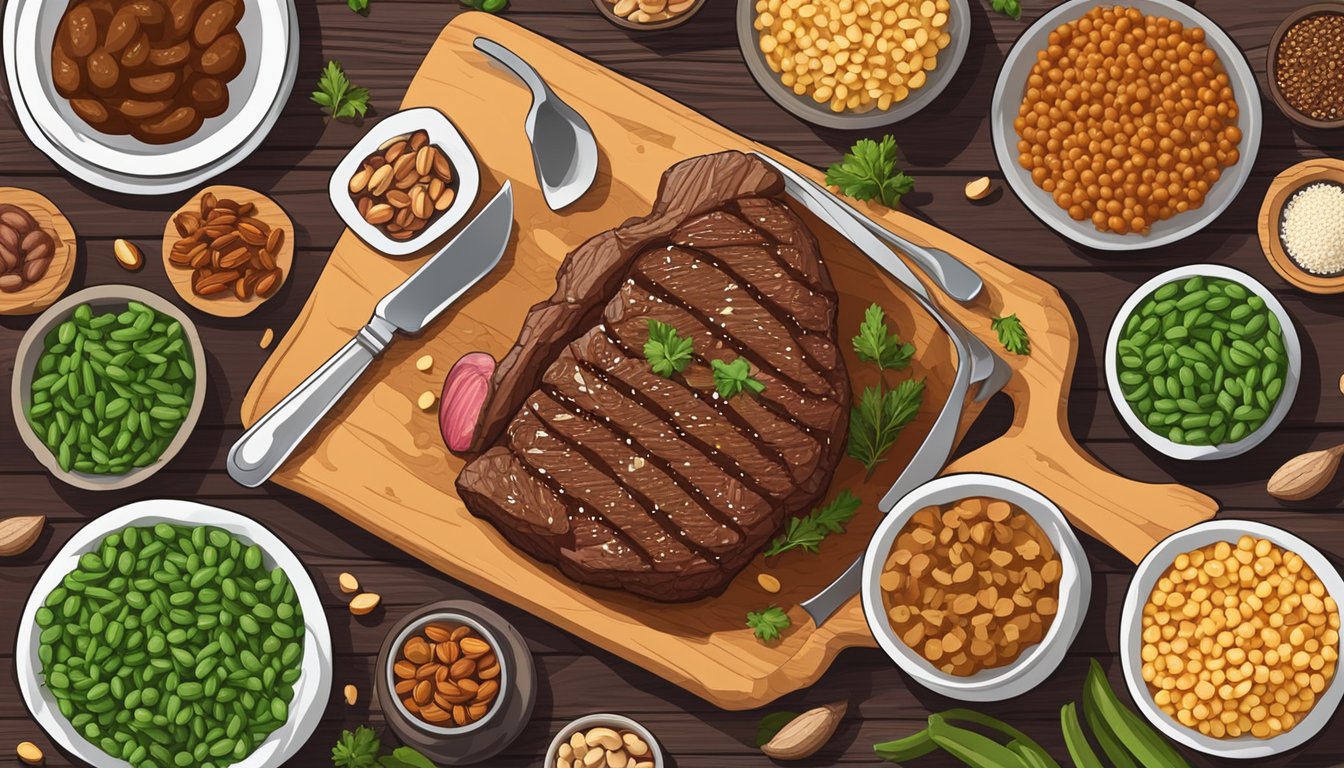 A sizzling ribeye steak surrounded by thiamine-rich foods like beans, nuts, and whole grains on a rustic wooden table