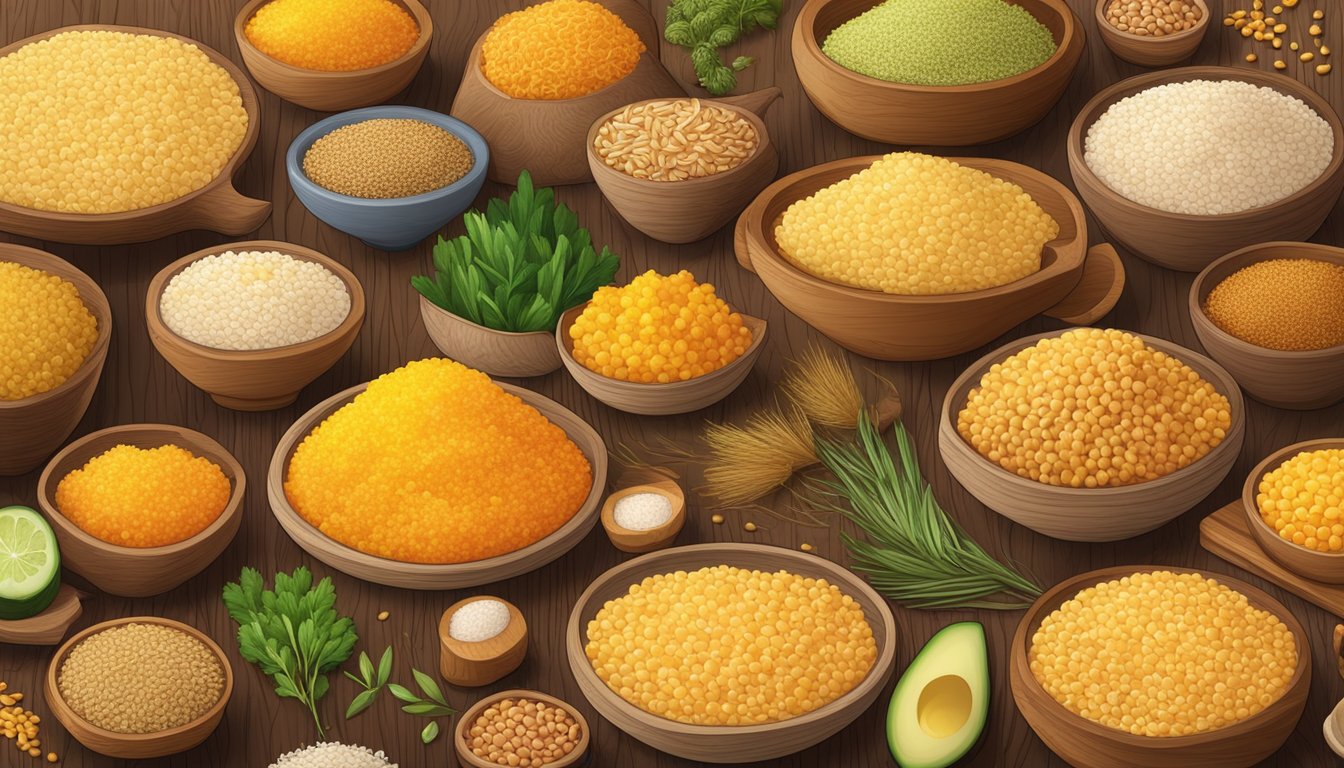 A colorful array of bulgur and various fiber-rich foods arranged on a wooden table