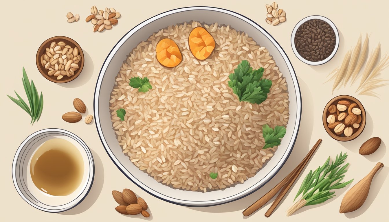 A bowl of brown rice surrounded by ingredients rich in thiamine, such as pork, fish, and nuts