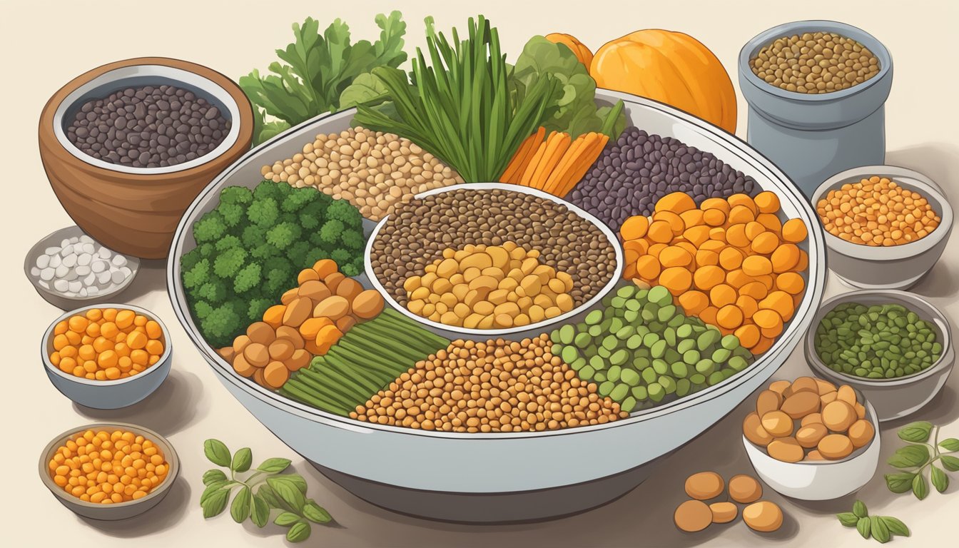 A bowl filled with lentils surrounded by various thiamine-rich foods