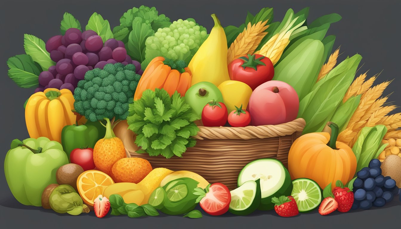 A colorful array of fruits, vegetables, and whole grains arranged in a basket, showcasing the top 15 foods rich in insoluble fiber for digestive health