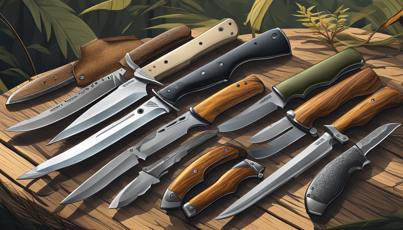 A variety of hunting knives arranged on a wooden table, with the backdrop of a forest and a deer carcass being field dressed