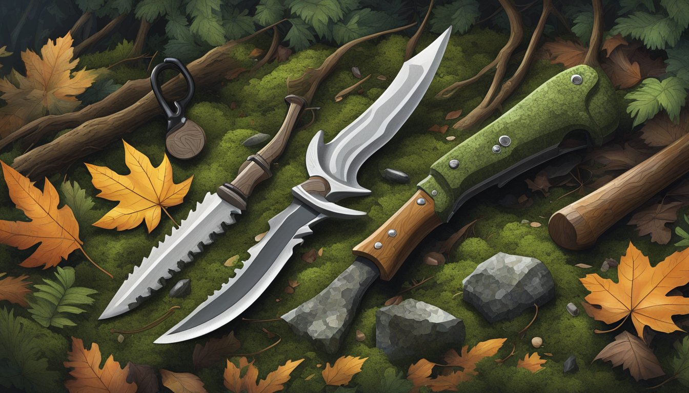 A hunting knife, a gut hook, and a bone saw lay on a mossy forest floor amid scattered leaves and twigs