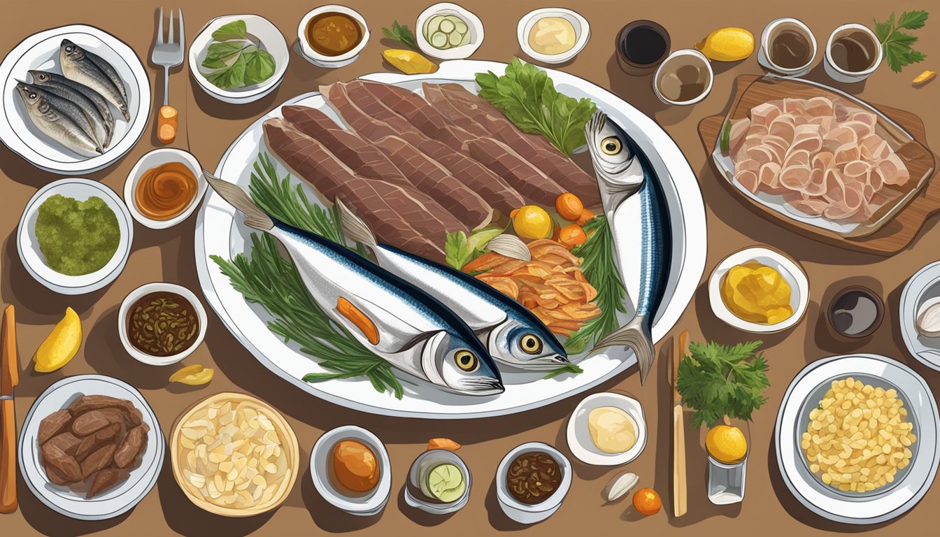 A table with various foods like liver, anchovies, and sardines displayed on top, indicating their high purine content