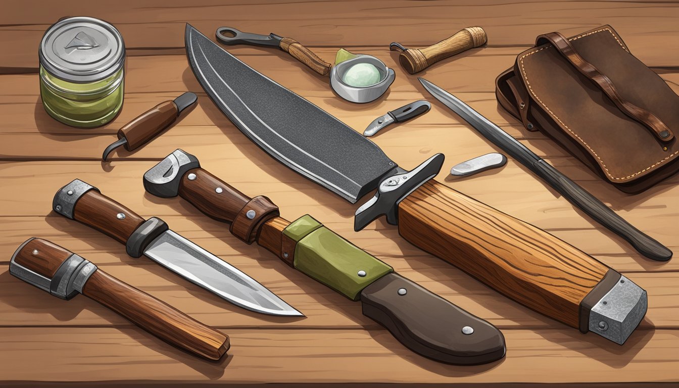 A hunting knife being cleaned and oiled on a wooden workbench, surrounded by a leather sheath, sharpening stone, and a field dressing guide