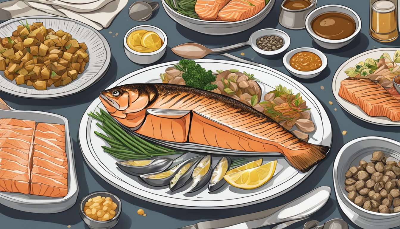 A plate of grilled salmon surrounded by high-purine foods like organ meats, anchovies, and sardines