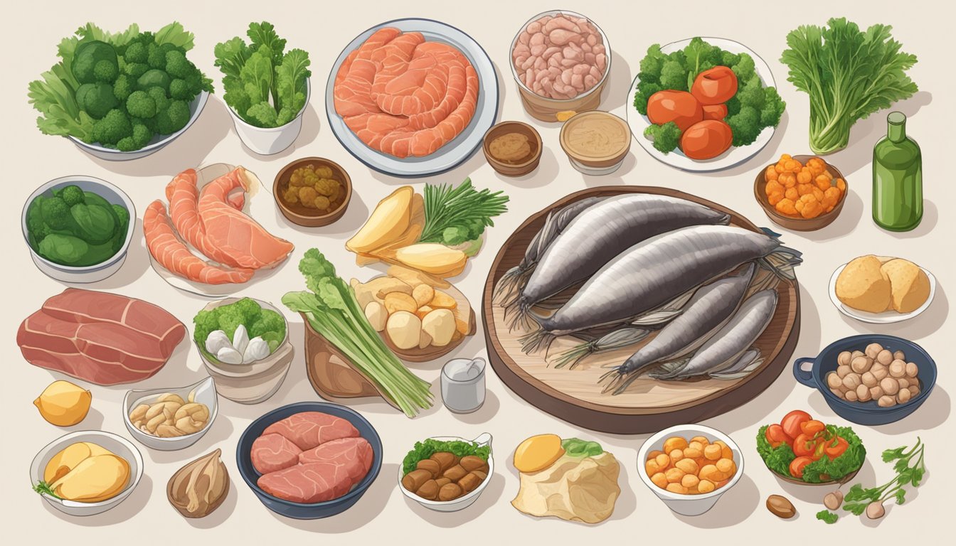 A table with foods like organ meats, shellfish, and certain vegetables, indicating high purine content