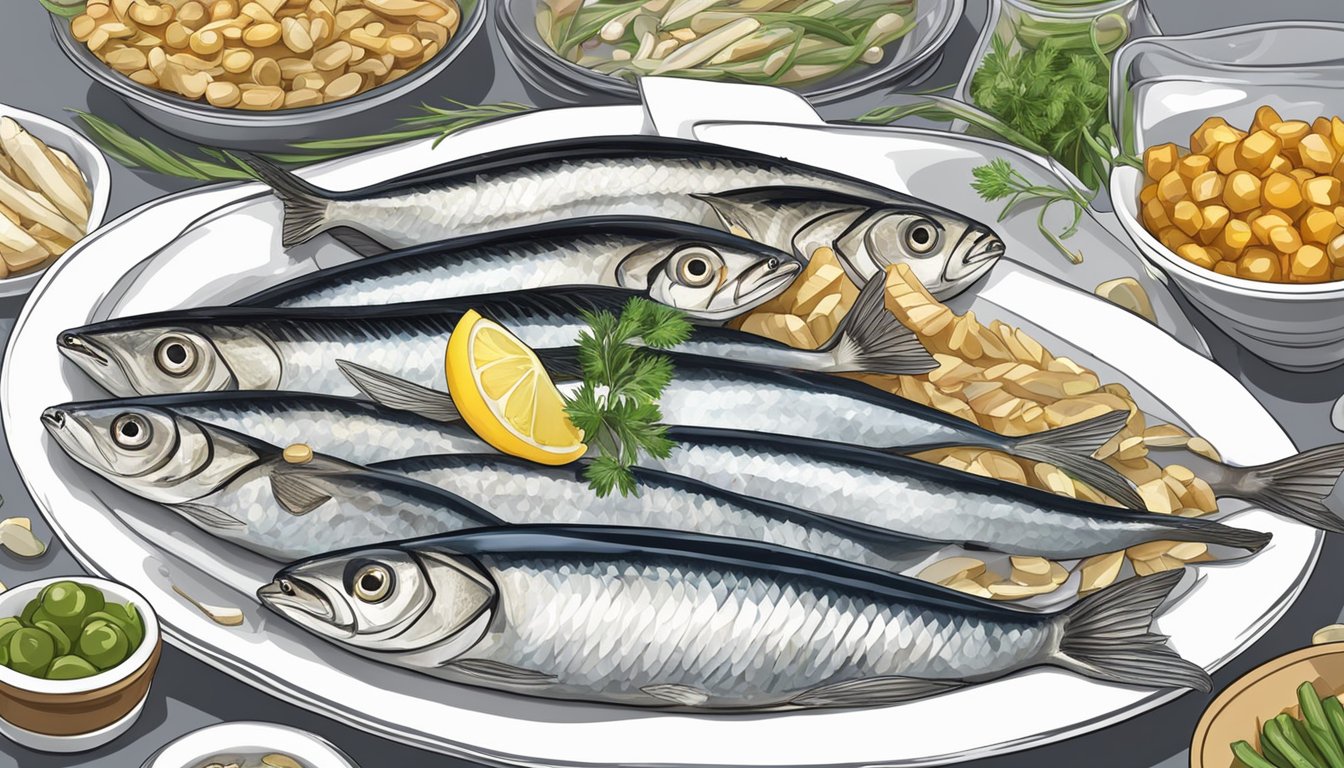 A plate of herring fillets surrounded by high purine foods like anchovies, sardines, and mackerel