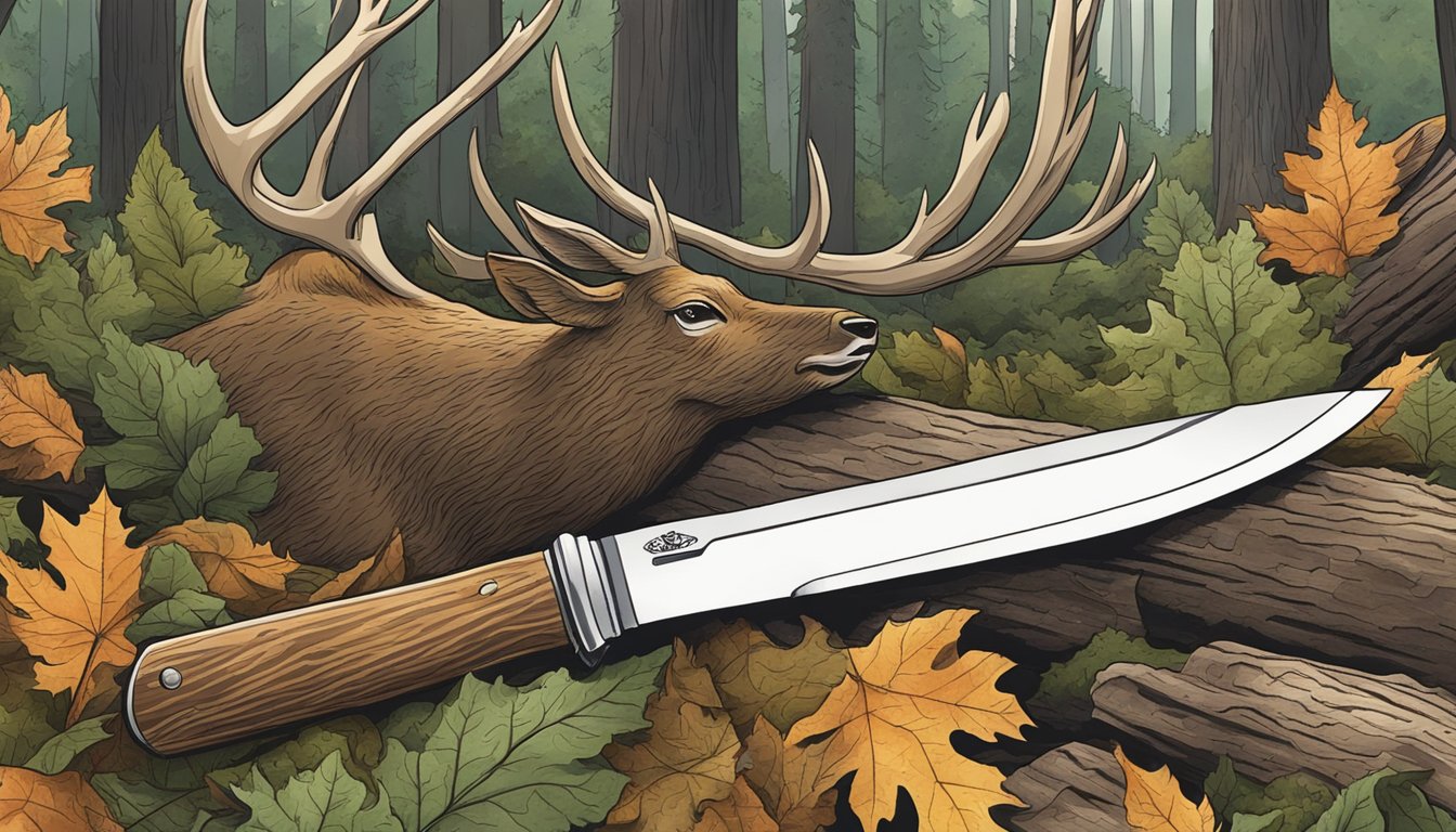 A sharp knife slicing through deer hide and flesh, surrounded by forest foliage