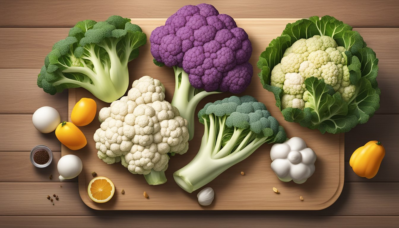 A colorful cauliflower surrounded by other vitamin B5-rich foods on a wooden cutting board