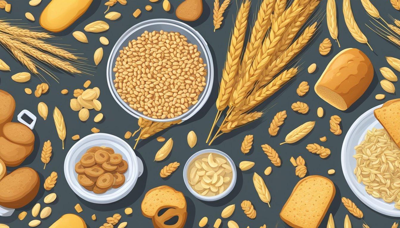 A table piled with wheat-based foods, such as bread, pasta, and cereal, next to a measuring tape and a scale