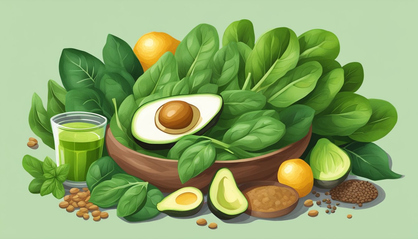 A vibrant bunch of fresh spinach leaves surrounded by other folate-rich foods like lentils, asparagus, and avocado