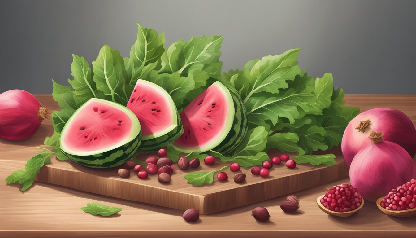 A vibrant assortment of arugula leaves, beets, and watermelon arranged on a wooden cutting board, surrounded by a scattering of walnuts and pomegranate seeds