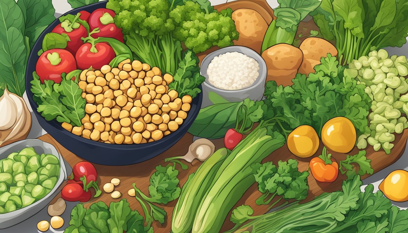 A bowl of chickpeas surrounded by leafy green vegetables and other foods rich in folate