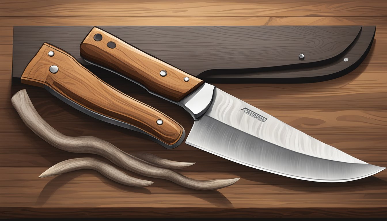 A sturdy field dressing knife with a gut hook and a sharp, curved blade, resting on a wooden cutting board next to a freshly skinned deer carcass