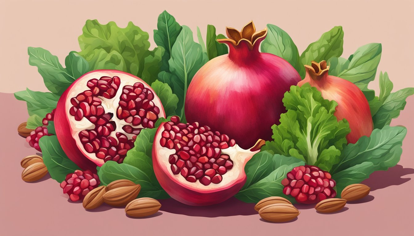 A vibrant pomegranate surrounded by leafy green vegetables and nuts, symbolizing natural foods to boost nitric oxide levels