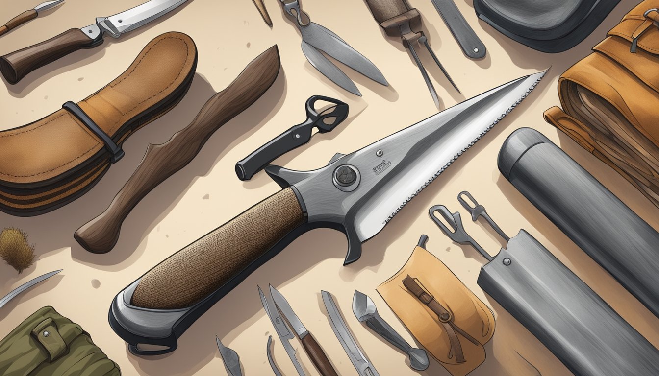 A hunter's hands expertly field-dressing a deer with a high-quality knife set, surrounded by the tools and equipment of the trade