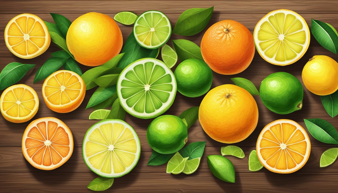 A variety of citrus fruits arranged on a wooden table, including oranges, lemons, and limes, with vibrant colors and fresh green leaves