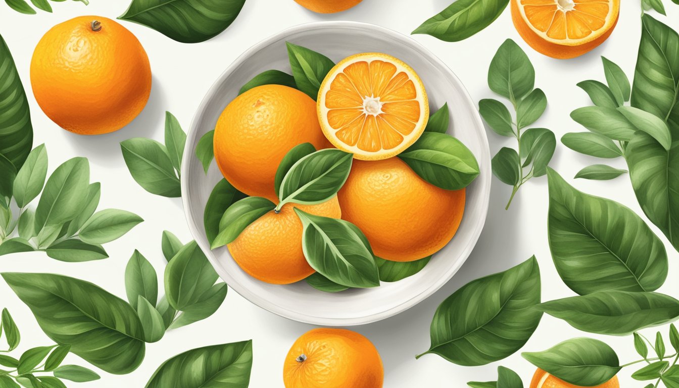 A bowl of oranges surrounded by green leaves and a measuring tape, symbolizing their high folate content