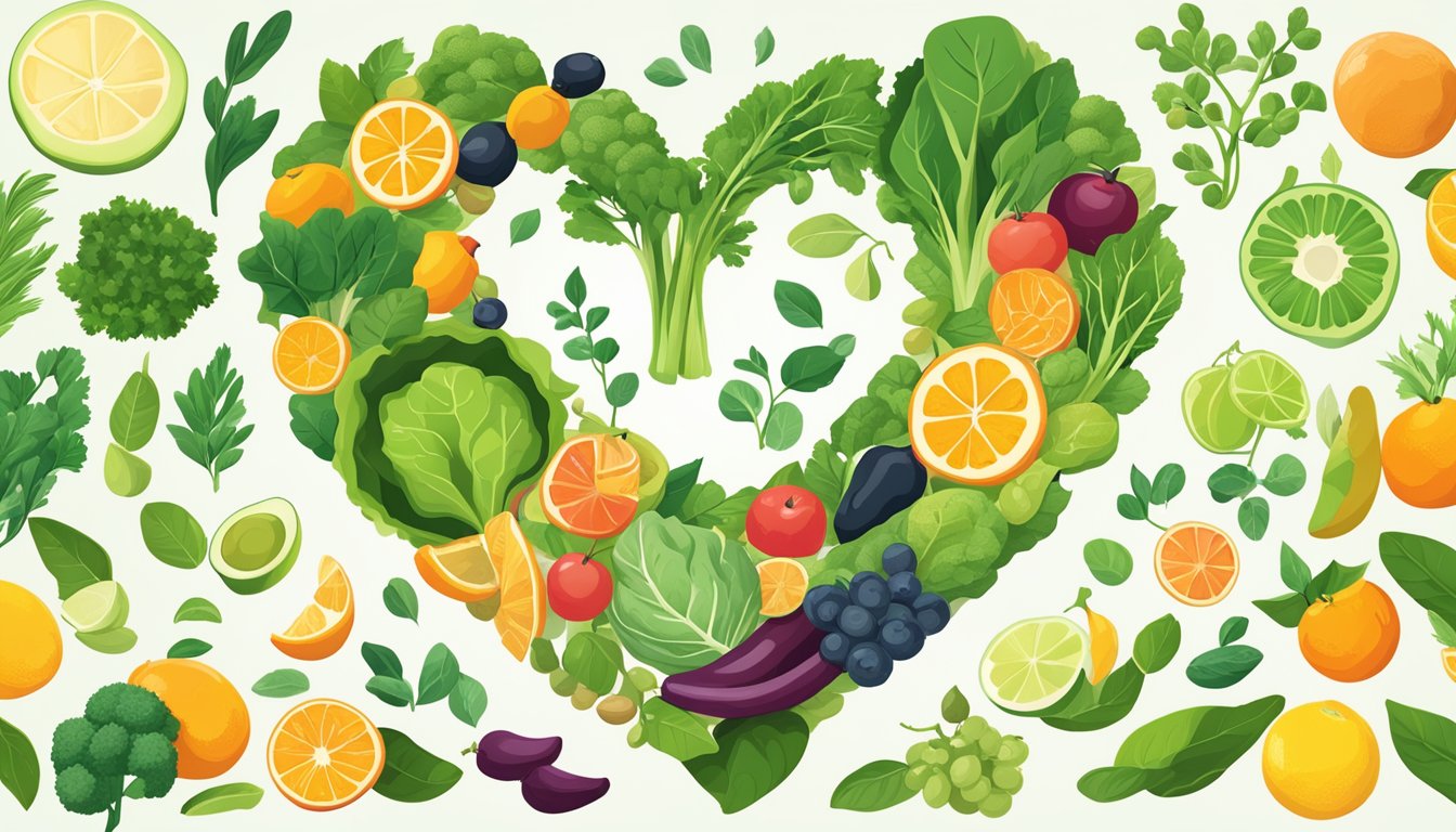 A vibrant array of leafy greens, citrus fruits, and legumes arranged around a heart symbol, symbolizing the connection between folate-rich foods and cardiovascular health