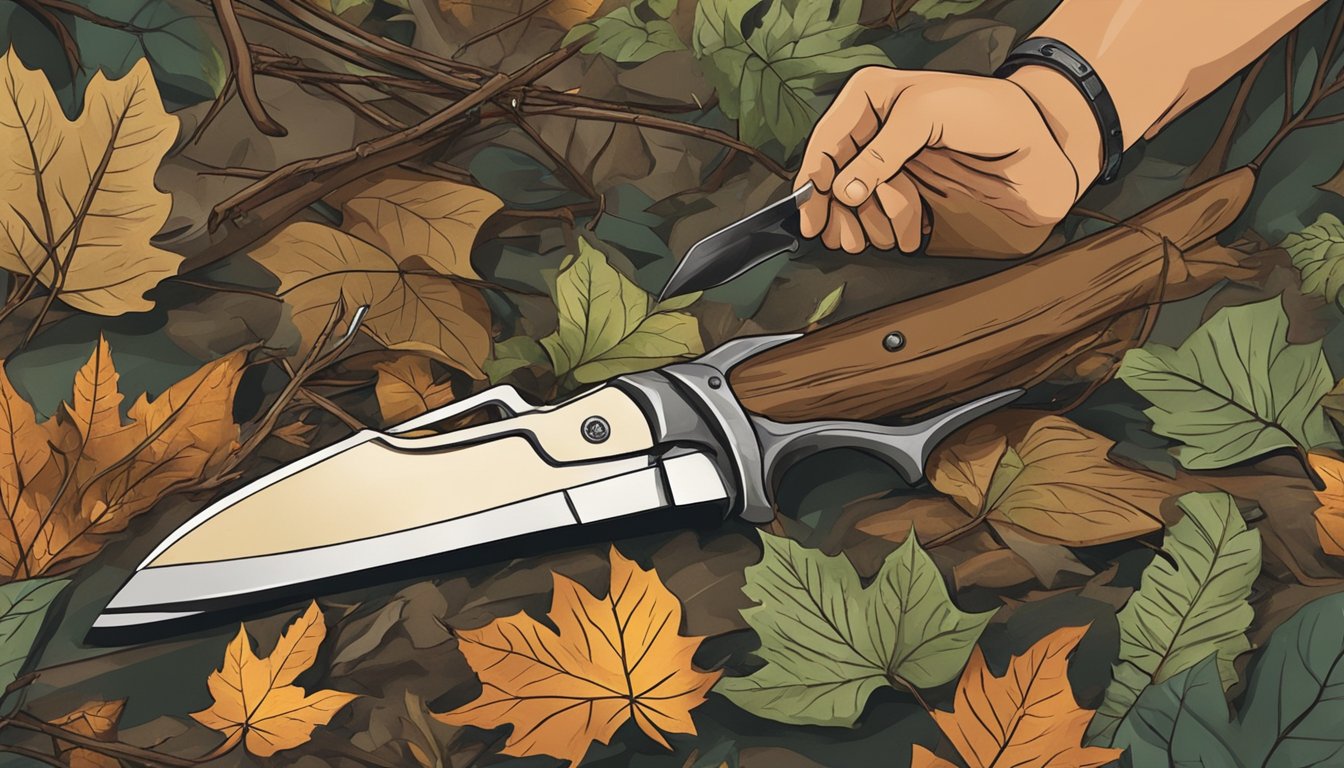 A hunter's hand holding a medium-sized knife, surrounded by leaves and twigs, with a freshly harvested deer in the background