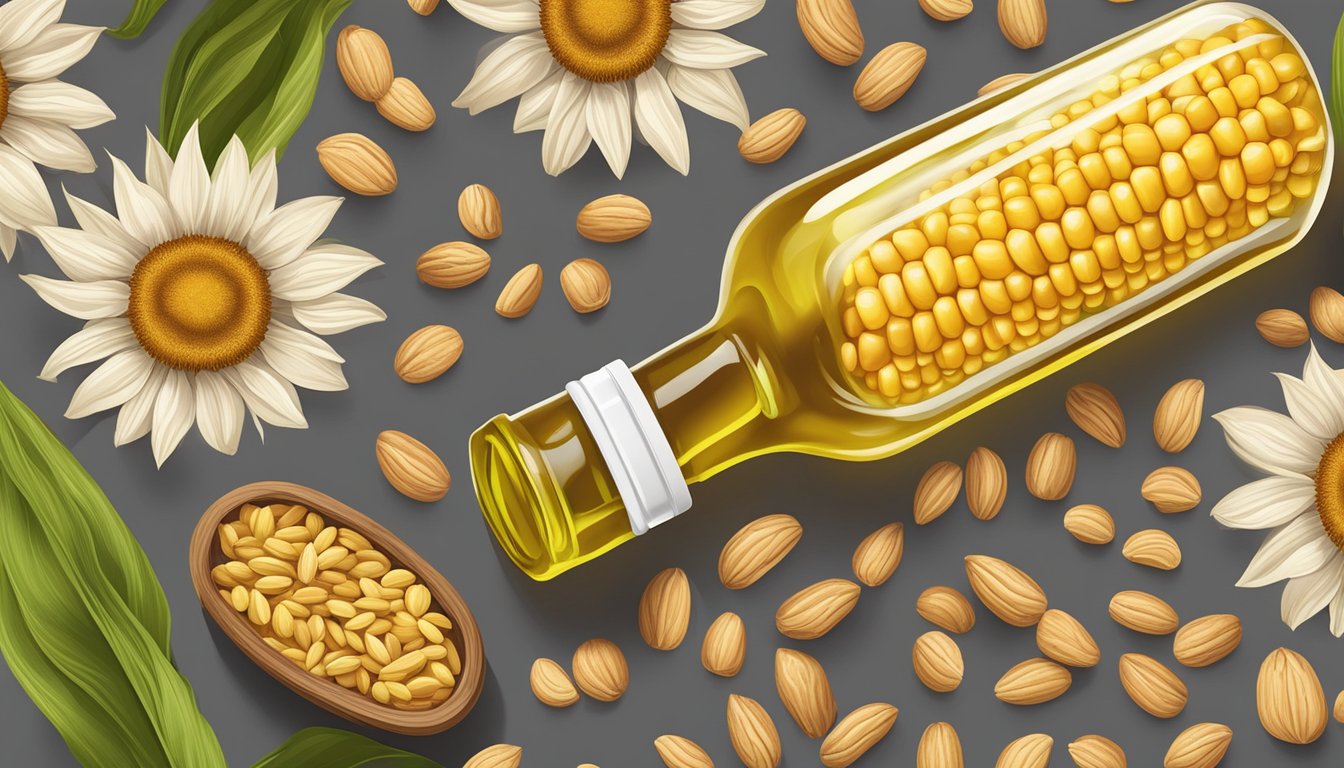 A bottle of corn oil surrounded by sunflower seeds and walnuts