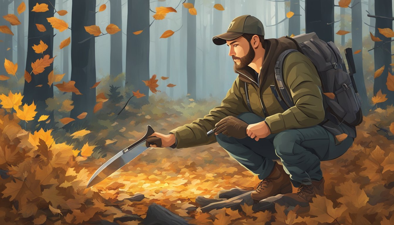 A hunter holds a medium-sized knife, surrounded by fallen leaves and the forest floor, preparing to field dress a deer