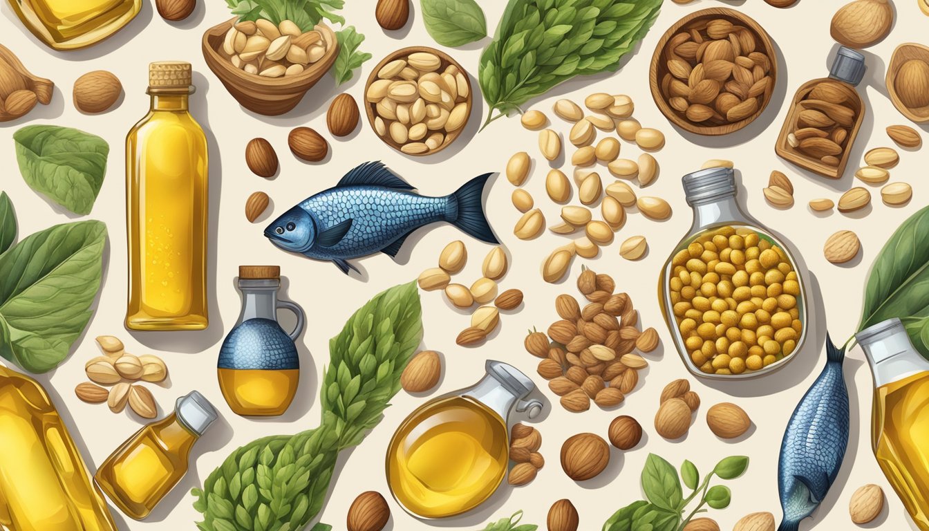 A bottle of soybean oil surrounded by a variety of omega 6-rich foods like nuts, seeds, and fish