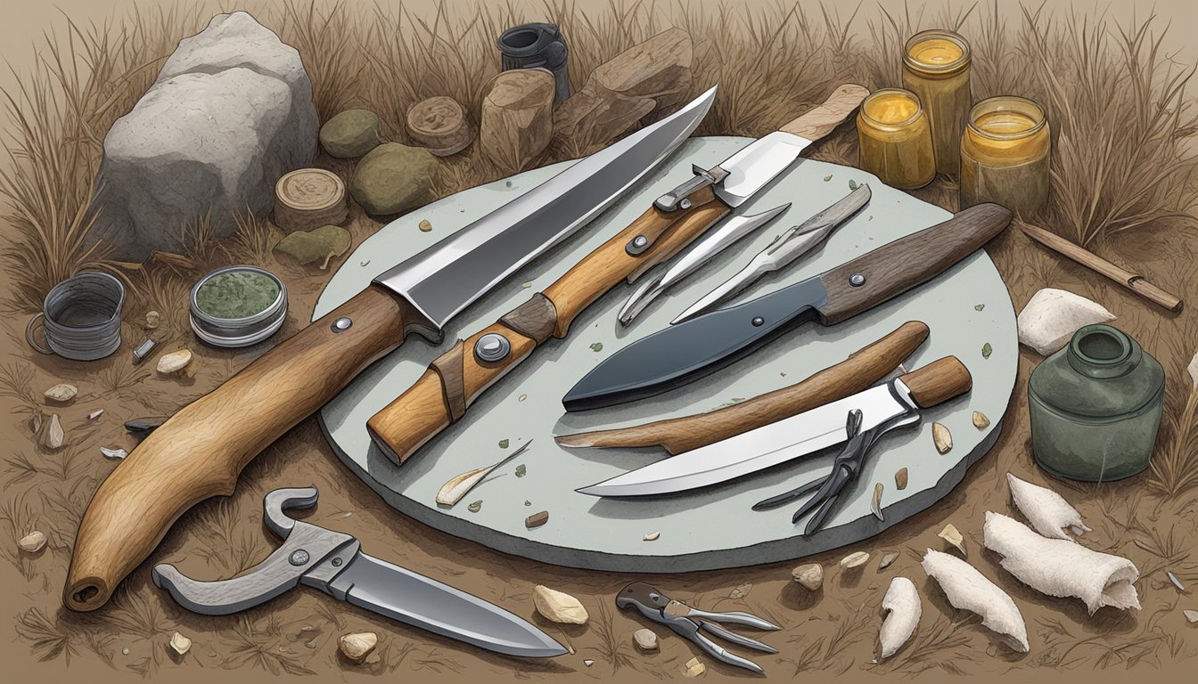 A hunter's hand holding a medium-sized knife, surrounded by deer carcass and field dressing tools