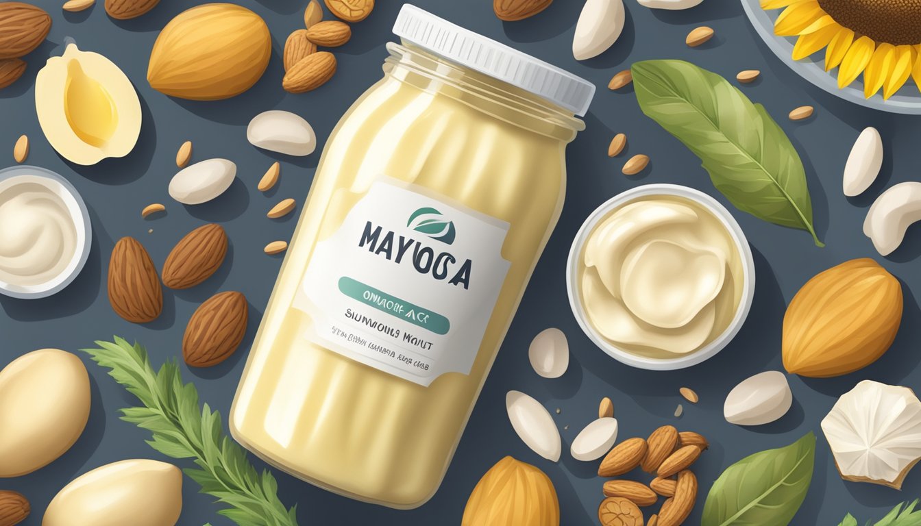 A jar of mayonnaise surrounded by foods rich in omega 6 fatty acids, such as sunflower seeds, almonds, and walnuts