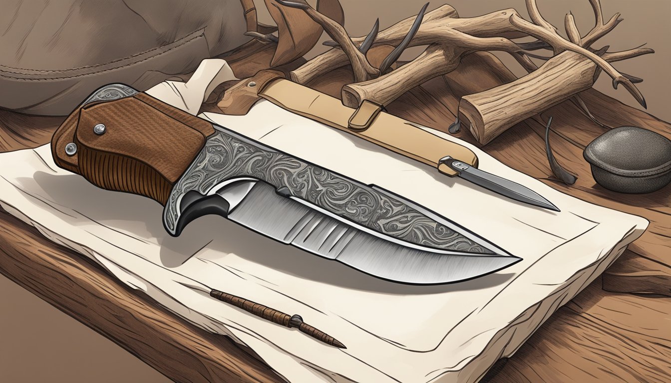 A hunter's hand selecting a medium-sized, ergonomic knife from a leather sheath, with a deer carcass in the background