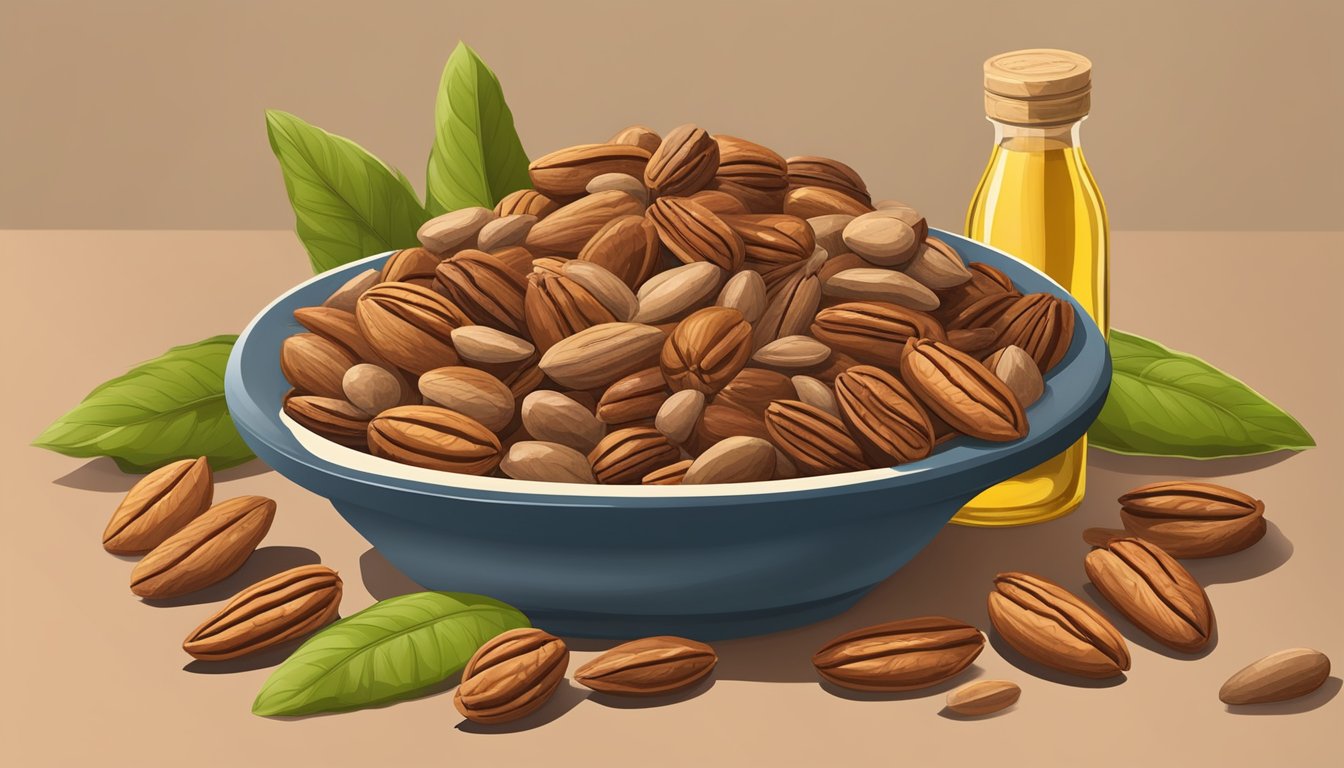 A pile of pecans surrounded by various omega 6-rich foods like sunflower seeds, walnuts, and soybeans, with a bottle of vegetable oil in the background