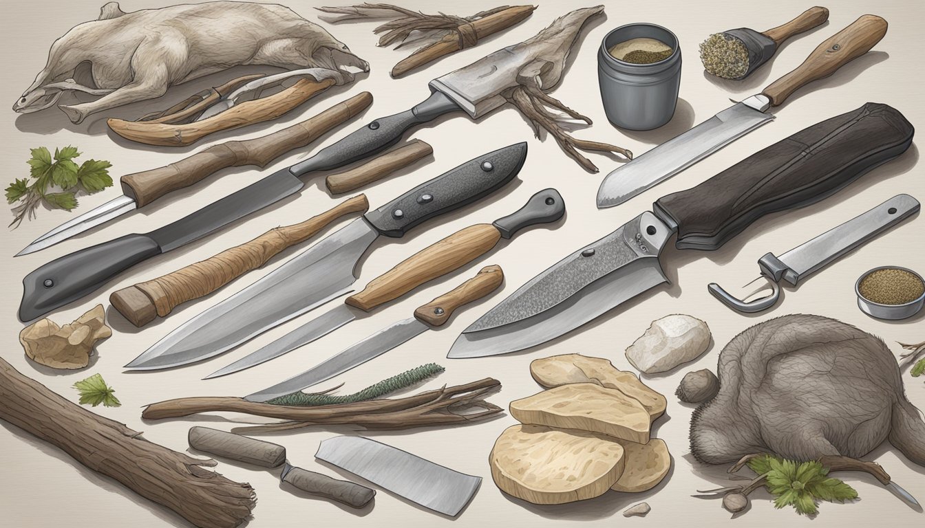 A hunter's hand holding a medium-sized knife, surrounded by deer carcass and various field-dressing tools