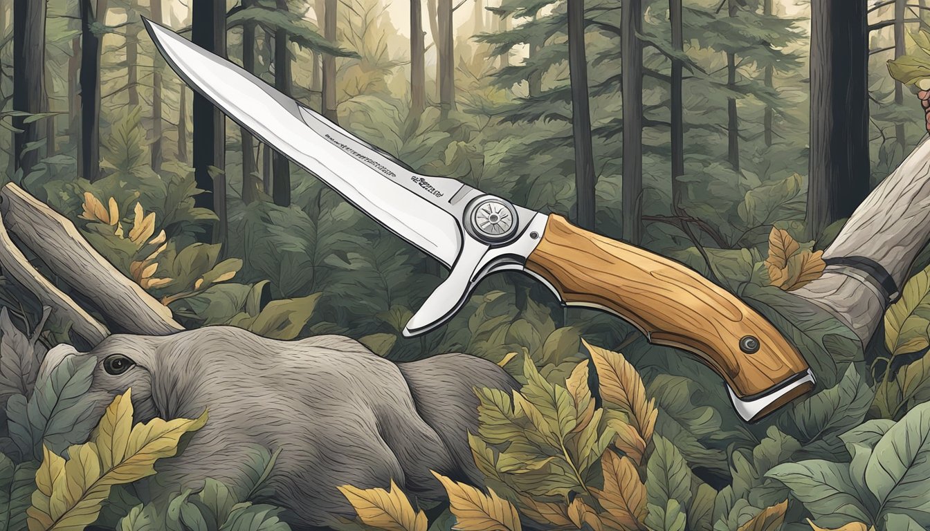 A hunter's hand holding a medium-sized knife, surrounded by forest foliage and a freshly harvested deer