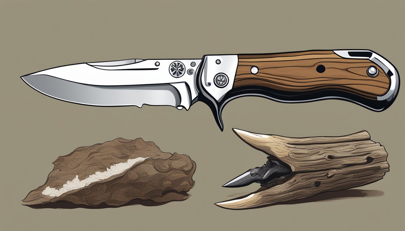 A hunter's hand holding a Buck 110 Folding Hunter knife, with a deer carcass in the background